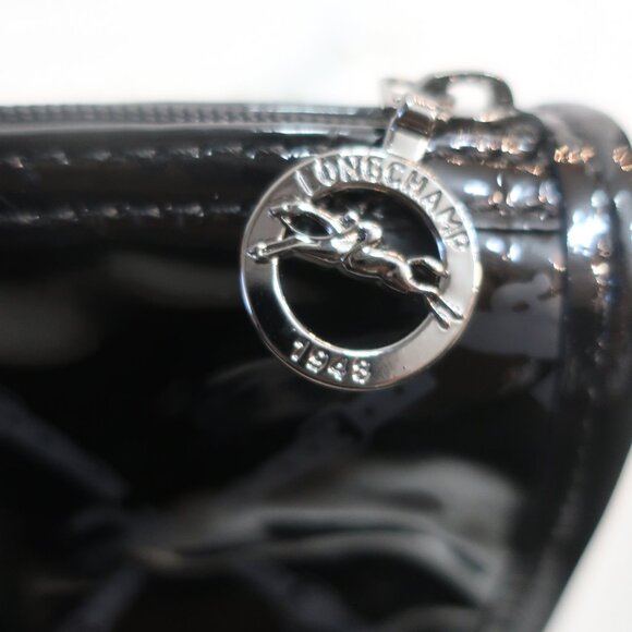 Womens Longchamp Black Patent Leather Monogram Logo Zip Clutch Handbag - Picture 6 of 13